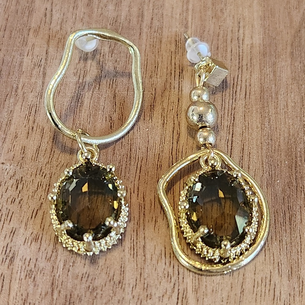 Gold Tone Mismatched Asymmetrical Drop Earrings Smoky Brown Oval Stone Statement